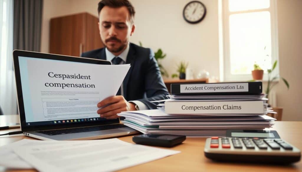 A calm office setting with a professional, well-dressed person reviewing documents at a desk. In the foreground, a laptop is open, displaying legal papers related to accident compensation. In the middle, a stack of files labeled 'Compensation Claims' and a calculator suggest detailed financial calculations. The background features a large window letting in soft, natural light, illuminating the room and creating a warm atmosphere. A potted plant and a clock on the wall add to the professionalism of the space. The overall mood is focused and serene, emphasizing the importance of understanding one's rights after a road accident. Use a slightly wide-angle lens to capture the entire scene, highlighting the subject's concentration and the organized workspace. A calm office setting with a professional, well-dressed person reviewing documents at a desk. In the foreground, a laptop is open, displaying legal papers related to accident compensation. In the middle, a stack of files labeled 'Compensation Claims' and a calculator suggest detailed financial calculations. The background features a large window letting in soft, natural light, illuminating the room and creating a warm atmosphere. A potted plant and a clock on the wall add to the professionalism of the space. The overall mood is focused and serene, emphasizing the importance of understanding one's rights after a road accident. Use a slightly wide-angle lens to capture the entire scene, highlighting the subject's concentration and the organized workspace.
