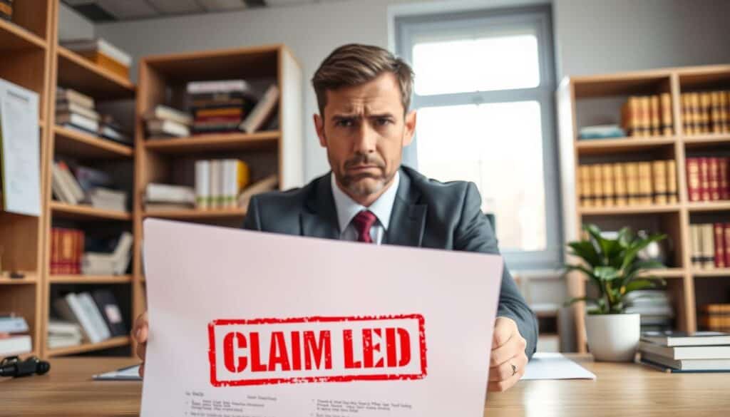 A concerned business professional, dressed in formal business attire, sits at a desk in a well-lit office, looking at a document labeled "Claim Denied". The foreground features the document prominently, with a red stamp marked "Denied" in clear view. In the middle ground, shelves filled with insurance brochures and law books can be seen, conveying a sense of frustration and confusion. The background shows a window with soft natural light filtering in, adding warmth to the scene, while a potted plant on the desk brings a touch of life to the setting. The atmosphere is tense, reflecting the emotional weight of a claim denial. Use a slightly elevated angle to capture both the document and the professional's expression. A concerned business professional, dressed in formal business attire, sits at a desk in a well-lit office, looking at a document labeled "Claim Denied". The foreground features the document prominently, with a red stamp marked "Denied" in clear view. In the middle ground, shelves filled with insurance brochures and law books can be seen, conveying a sense of frustration and confusion. The background shows a window with soft natural light filtering in, adding warmth to the scene, while a potted plant on the desk brings a touch of life to the setting. The atmosphere is tense, reflecting the emotional weight of a claim denial. Use a slightly elevated angle to capture both the document and the professional's expression.