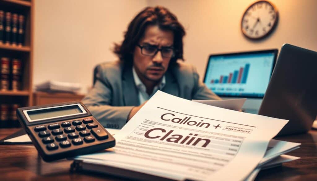 A concerned individual sitting at a desk, reviewing documents with a worried expression, symbolizing frustration with insurance payout issues. In the foreground, a pile of official-looking papers with the word "Claim" printed on top, partially obscured by a calculator showing low numbers. The middle ground features a laptop displaying a website related to insurance, with charts illustrating decreasing payout amounts. In the background, a softly lit room with shelves of legal books and a clock indicating late afternoon, creating an atmosphere of urgency and concern. The lighting is warm but dimmed, focusing on the individual's face, capturing a moment of contemplation and uncertainty. Professional attire for the individual enhances the serious tone. A concerned individual sitting at a desk, reviewing documents with a worried expression, symbolizing frustration with insurance payout issues. In the foreground, a pile of official-looking papers with the word "Claim" printed on top, partially obscured by a calculator showing low numbers. The middle ground features a laptop displaying a website related to insurance, with charts illustrating decreasing payout amounts. In the background, a softly lit room with shelves of legal books and a clock indicating late afternoon, creating an atmosphere of urgency and concern. The lighting is warm but dimmed, focusing on the individual's face, capturing a moment of contemplation and uncertainty. Professional attire for the individual enhances the serious tone.