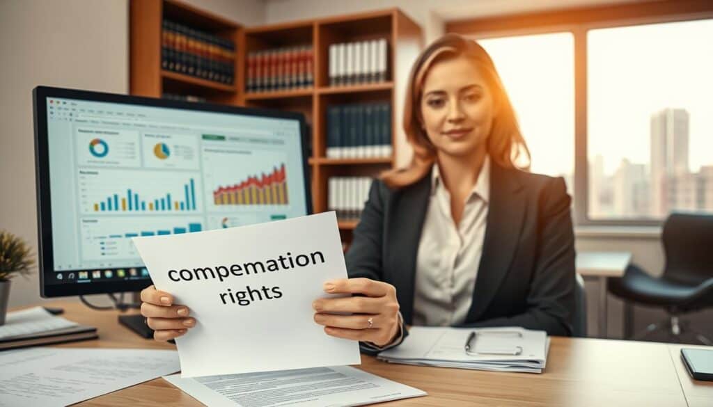A confident professional woman in business attire stands at a desk, reviewing documents about compensation rights. In the foreground, a close-up on her hands holding a legal paper with a clear focus on the text "compensation rights." The middle ground shows a computer screen displaying graphs and charts related to insurance payouts, suggesting a meticulous analysis. In the background, a well-lit office with bookshelves containing legal books and a window revealing a cityscape in soft daylight, adding a sense of urgency and determination. The overall mood is one of empowerment and awareness, emphasizing the importance of knowing one’s rights with a warm and inviting color palette.