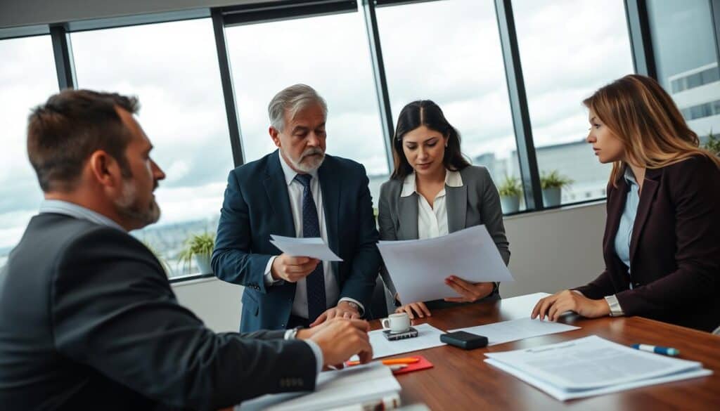 A focused business scene depicting a negotiation for a compensation claim, featuring a diverse group of four professionals in a modern office setting. The foreground showcases a middle-aged man in a navy suit and a young woman in a smart blouse, engaged in discussion over a stack of documents. The middle includes a large conference table cluttered with papers, digital devices, and pens. In the background, large windows reveal a cloudy sky, casting soft, diffused light on the scene, creating a serious yet constructive atmosphere. The angle is slightly overhead, capturing the intensity of their conversation while reflecting a mood of determination and professionalism. A focused business scene depicting a negotiation for a compensation claim, featuring a diverse group of four professionals in a modern office setting. The foreground showcases a middle-aged man in a navy suit and a young woman in a smart blouse, engaged in discussion over a stack of documents. The middle includes a large conference table cluttered with papers, digital devices, and pens. In the background, large windows reveal a cloudy sky, casting soft, diffused light on the scene, creating a serious yet constructive atmosphere. The angle is slightly overhead, capturing the intensity of their conversation while reflecting a mood of determination and professionalism.