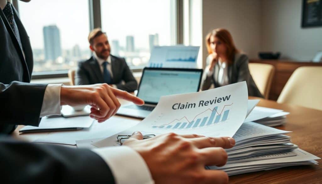 A focused scene depicting a professional office environment where a person, dressed in business attire, is engaged in a serious discussion over a desk piled with paperwork and a laptop. The foreground features a close-up of their hands, pointing to a document titled "Claim Review". In the middle, there are charts and graphs related to compensation claims displayed on the laptop screen, while a second person, also in business attire, observes thoughtfully. The background features a window with a view of a cityscape, allowing natural light to fill the room, creating a warm and professional atmosphere. The overall mood is one of determination and caution, illustrating the careful navigation required in the process of seeking fair compensation.