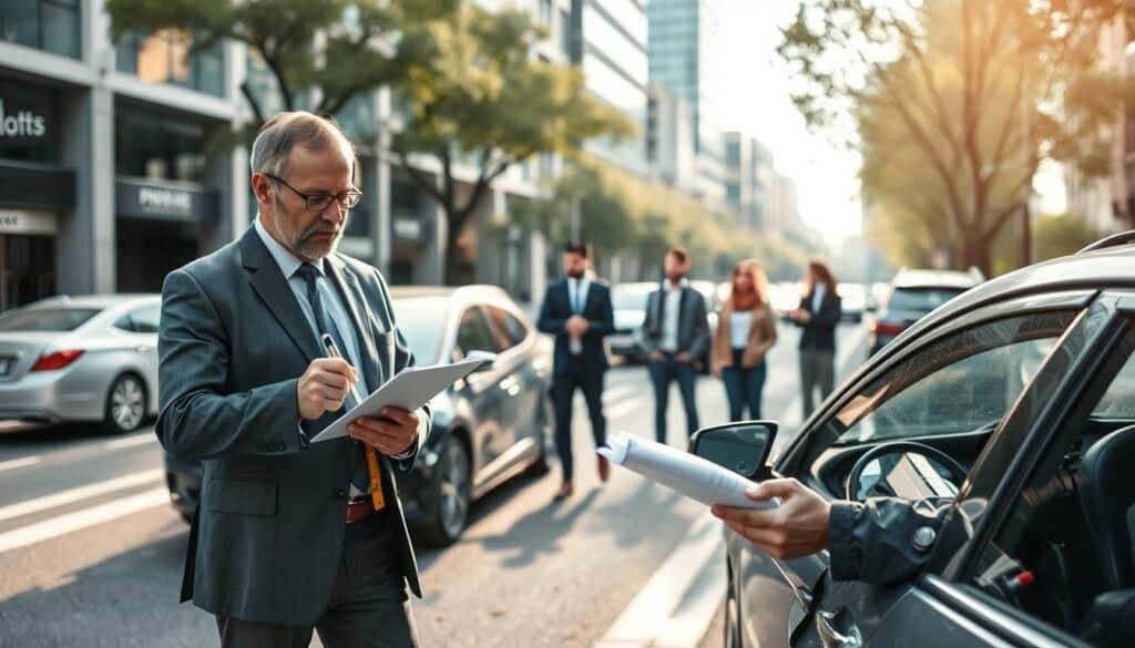 A professional appraiser assessing damages in an urban setting. In the foreground, a middle-aged male appraiser in a tailored suit examines a damaged vehicle, holding a clipboard and a measuring tape. His focused expression conveys expertise and diligence. In the middle ground, the crumpled car shows visible dents and scratches, while a few onlookers observe from a safe distance, dressed in casual but tidy attire. The background features a bustling city street, with modern buildings and soft, diffused sunlight filtering through the trees, creating a calm yet serious atmosphere. Capture this scene from a slightly elevated angle to emphasize the appraiser’s vigilant assessment, highlighting the importance of accuracy and professionalism in evaluating damages.