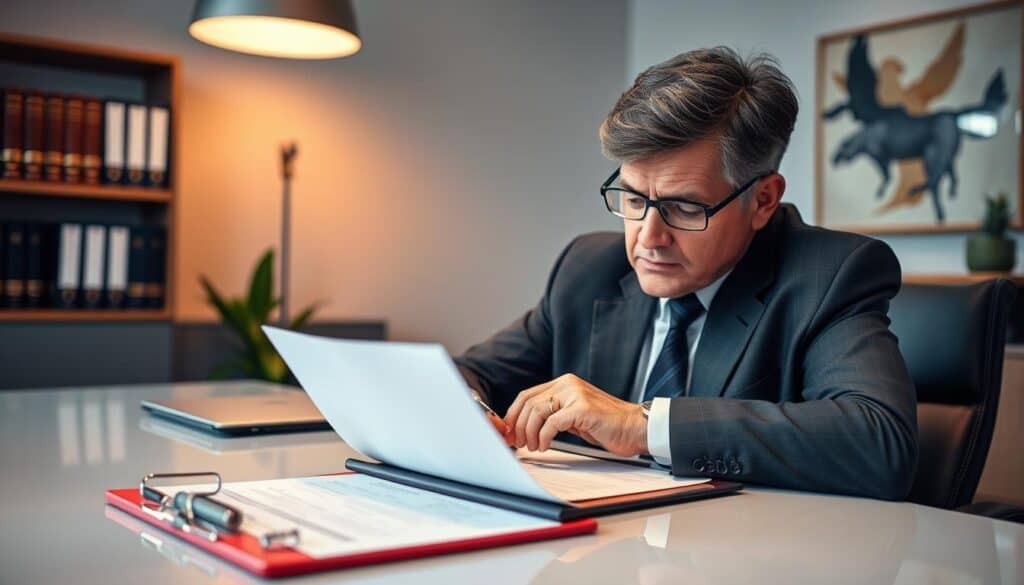 A professional lawyer seated at a sleek desk, reviewing insurance documents with a focused expression. In the foreground, a clipboard with neatly organized papers and a pen, symbolizing careful consideration. In the middle, the lawyer, a middle-aged individual in a tailored suit, gently leaning over the desk, illuminated by soft overhead lighting that creates a warm atmosphere. The background features a modern office setting with shelves of legal books, a potted plant, and an abstract art piece on the wall, suggesting a creative yet serious environment. The overall mood conveys diligence and professionalism, emphasizing the importance of legal assistance in insurance claims. A professional lawyer seated at a sleek desk, reviewing insurance documents with a focused expression. In the foreground, a clipboard with neatly organized papers and a pen, symbolizing careful consideration. In the middle, the lawyer, a middle-aged individual in a tailored suit, gently leaning over the desk, illuminated by soft overhead lighting that creates a warm atmosphere. The background features a modern office setting with shelves of legal books, a potted plant, and an abstract art piece on the wall, suggesting a creative yet serious environment. The overall mood conveys diligence and professionalism, emphasizing the importance of legal assistance in insurance claims.
