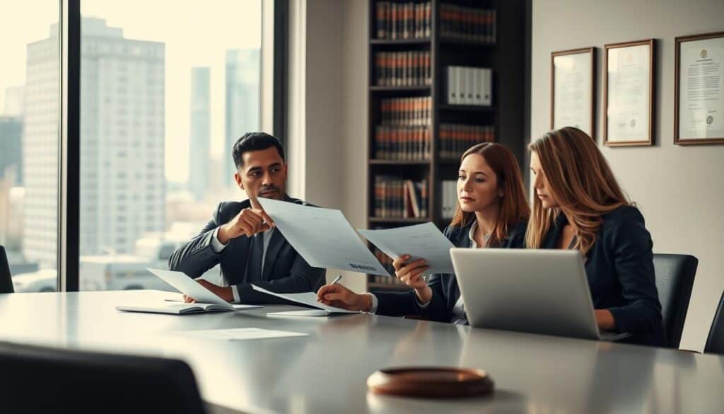 A professional legal consultation scene in a modern office. In the foreground, a diverse group of two individuals dressed in business attire – one male, one female – are sitting at a sleek conference table, examining documents. The male is pointing at a contract, while the female listens attentively, taking notes on a laptop. In the middle ground, a large window reveals a cityscape backdrop with soft daylight streaming in, illuminating the room. The background features a bookshelf filled with legal texts and framed certificates on the walls, emphasizing a professional atmosphere. The overall mood is serious yet collaborative, highlighting the importance of legal advice in navigating insurance claims. The image should be captured with a soft focus to create a welcoming and engaging ambiance.