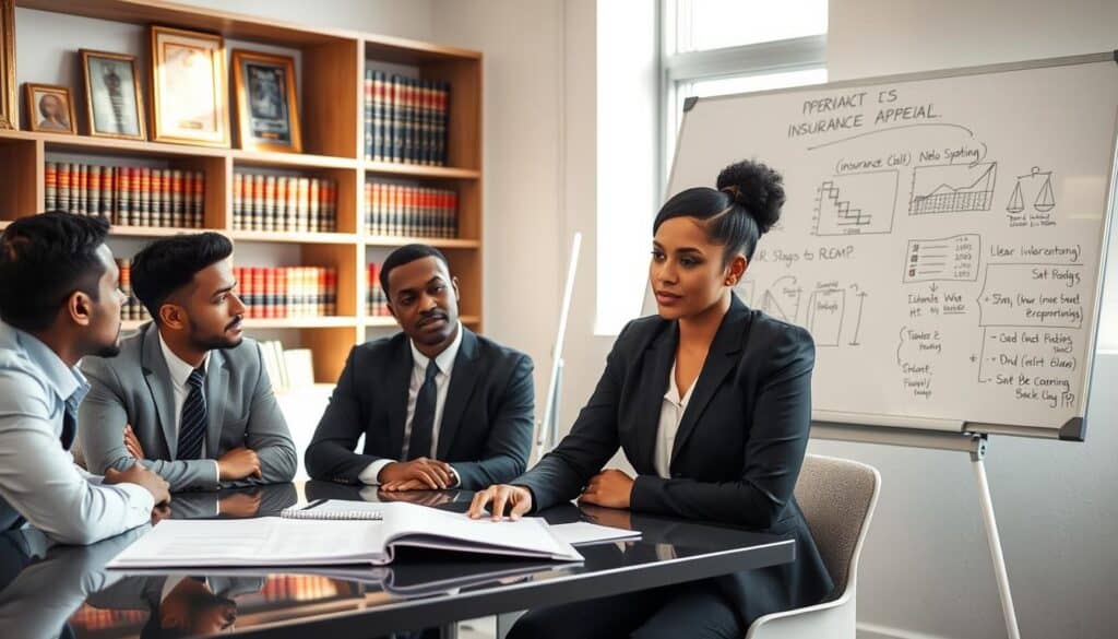 A professional office scene depicting a focus group discussing a denied insurance claim. In the foreground, a diverse group of three individuals in business attire—two men and one woman—are seated around a modern conference table. The woman, pointing to a document spread open in front of her, looks thoughtful as she explains her position. The middle ground features a whiteboard filled with handwritten notes and graphs about insurance claims. A large window with natural light illuminates the scene, casting soft shadows. The background shows shelves filled with legal books and framed awards, conveying a sense of professionalism and authority. The overall mood is serious yet collaborative, emphasizing the process of handling a claim appeal. A professional office scene depicting a focus group discussing a denied insurance claim. In the foreground, a diverse group of three individuals in business attire—two men and one woman—are seated around a modern conference table. The woman, pointing to a document spread open in front of her, looks thoughtful as she explains her position. The middle ground features a whiteboard filled with handwritten notes and graphs about insurance claims. A large window with natural light illuminates the scene, casting soft shadows. The background shows shelves filled with legal books and framed awards, conveying a sense of professionalism and authority. The overall mood is serious yet collaborative, emphasizing the process of handling a claim appeal.