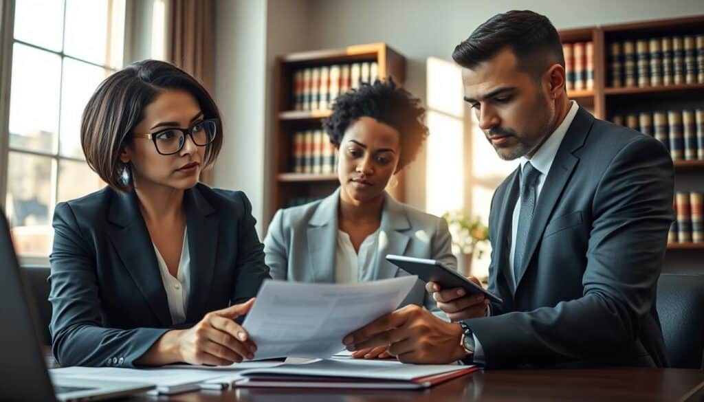 A professional office setting depicting a diverse group of individuals engaged in a discussion about personal injury compensation. In the foreground, two business professionals, a man and a woman, are reviewing documents on a desk, both wearing smart business attire. The woman, with short hair and glasses, looks concerned while pointing at a section of the paperwork, suggesting caution. The man, with a focused expression, is taking notes. In the middle ground, a window shows a sunny day outside, casting soft, warm light across the room, creating a sense of hope and transparency. In the background, a bookshelf filled with legal books reinforces the theme of law and compensation. The atmosphere is serious yet collaborative, emphasizing the importance of understanding and avoiding pitfalls in pursuing compensation.