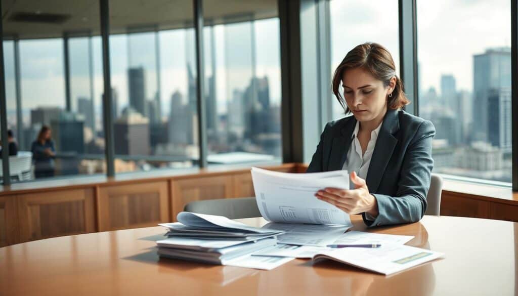 A professional office setting with a clear focus on the concept of compensation costs. In the foreground, a confident businesswoman, dressed in smart business attire, analyzes financial documents spread across a sleek modern desk. Her expression is thoughtful, indicating determination as she contemplates the expenses related to appealing a compensation decision. In the middle background, a large window reveals a bustling cityscape, symbolizing the complexity of the financial world outside. The room is well-lit with natural light streaming in, creating a warm yet serious atmosphere. The overall mood conveys professionalism and focus, emphasizing the weight of financial decisions involved in potential appeals for compensation. A soft depth of field effect emphasizes the subject in sharp detail while subtly blurring the background.