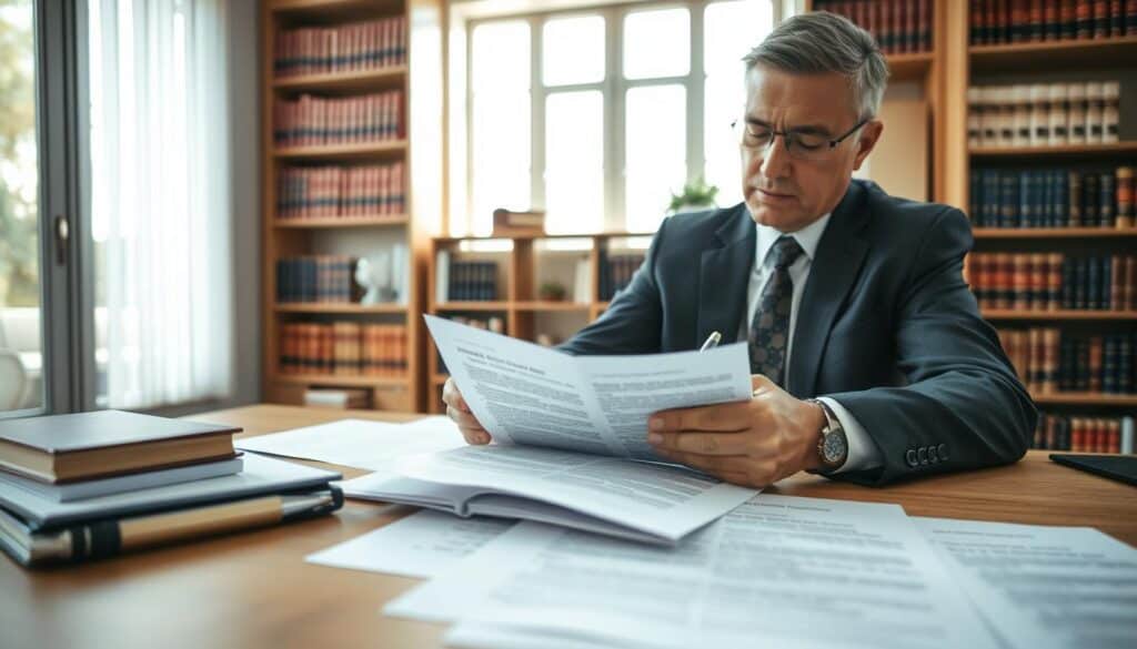 A professional office setting with a focus on an open, well-organized desk containing documents related to an insurance policy interpretation. In the foreground, a middle-aged business person, dressed in a smart dark suit, is intently reviewing a detailed insurance contract with a pen in hand, their expression thoughtful and analytical. The middle ground displays a large window letting in natural light, illuminating the scene and creating a clear, focused atmosphere. In the background, bookshelves filled with legal books and articles on insurance provide context and depth. The overall mood is serious and contemplative, emphasizing the importance of understanding insurance agreements and decisions. The angle is slightly overhead, capturing both the desk and the business professional. A professional office setting with a focus on an open, well-organized desk containing documents related to an insurance policy interpretation. In the foreground, a middle-aged business person, dressed in a smart dark suit, is intently reviewing a detailed insurance contract with a pen in hand, their expression thoughtful and analytical. The middle ground displays a large window letting in natural light, illuminating the scene and creating a clear, focused atmosphere. In the background, bookshelves filled with legal books and articles on insurance provide context and depth. The overall mood is serious and contemplative, emphasizing the importance of understanding insurance agreements and decisions. The angle is slightly overhead, capturing both the desk and the business professional.