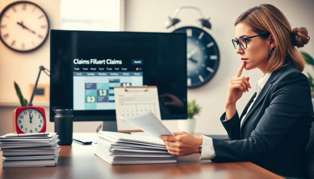 A professional office setting with a modern desk featuring a computer showcasing a digital calendar and an organized stack of claim filing documents. In the foreground, a thoughtful businesswoman dressed in professional attire sits at the desk, reviewing notes about claim submission deadlines. In the middle ground, a large wall clock ticks away time, emphasizing urgency. The background reveals a window with soft, natural light filtering in, casting a warm glow across the room. The atmosphere is one of focused determination, with subtle hints of anxiety reflected in the woman's expression, suggesting the importance of timely claims. The overall composition should convey a sense of professionalism and urgency without any text or distractions. A professional office setting with a modern desk featuring a computer showcasing a digital calendar and an organized stack of claim filing documents. In the foreground, a thoughtful businesswoman dressed in professional attire sits at the desk, reviewing notes about claim submission deadlines. In the middle ground, a large wall clock ticks away time, emphasizing urgency. The background reveals a window with soft, natural light filtering in, casting a warm glow across the room. The atmosphere is one of focused determination, with subtle hints of anxiety reflected in the woman's expression, suggesting the importance of timely claims. The overall composition should convey a sense of professionalism and urgency without any text or distractions.