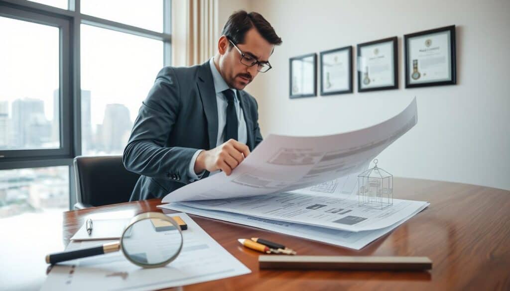 A professional property appraiser stands in a well-lit office, meticulously examining detailed blueprints and valuation documents on a polished wooden desk. In the foreground, a magnifying glass and a set of measuring tools lay beside the papers, signifying precision and attention to detail. The appraiser, dressed in smart business attire, has a focused expression while studying the documents under natural light streaming through large windows in the background, which reveal a cityscape. On the wall behind him, framed certifications highlight his expertise. The atmosphere is one of seriousness and diligence, reflecting the importance of the appraisal process in determining fair compensation. A professional property appraiser stands in a well-lit office, meticulously examining detailed blueprints and valuation documents on a polished wooden desk. In the foreground, a magnifying glass and a set of measuring tools lay beside the papers, signifying precision and attention to detail. The appraiser, dressed in smart business attire, has a focused expression while studying the documents under natural light streaming through large windows in the background, which reveal a cityscape. On the wall behind him, framed certifications highlight his expertise. The atmosphere is one of seriousness and diligence, reflecting the importance of the appraisal process in determining fair compensation.