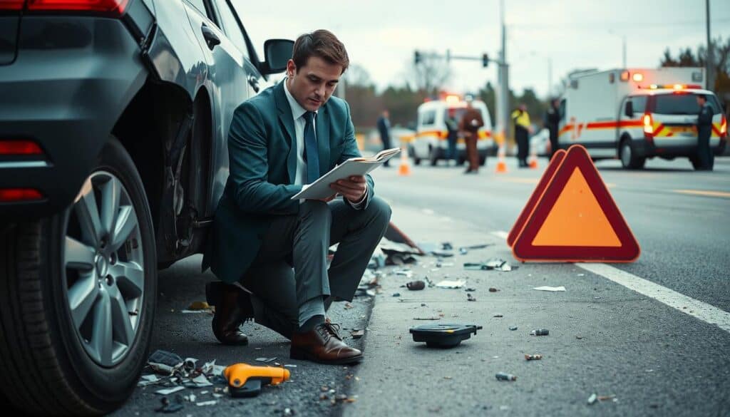 A professional scene depicting an insurance adjuster assessing damages at an accident site. In the foreground, a well-dressed insurance adjuster kneels by a damaged vehicle, examining the vehicle's exterior and taking notes with a clipboard. The middle layer includes scattered debris and a few damaged traffic signs surrounding the vehicle, conveying the aftermath of an accident. In the background, emergency vehicles are parked with flashing lights on, while police officers are visible chatting with witnesses. The sky is overcast, contrasting the serious mood, and soft, diffused lighting enhances the somber atmosphere. Capture the scene with a slightly tilted angle to add a dynamic feel, focusing on the adjuster to convey professionalism and diligence. A professional scene depicting an insurance adjuster assessing damages at an accident site. In the foreground, a well-dressed insurance adjuster kneels by a damaged vehicle, examining the vehicle's exterior and taking notes with a clipboard. The middle layer includes scattered debris and a few damaged traffic signs surrounding the vehicle, conveying the aftermath of an accident. In the background, emergency vehicles are parked with flashing lights on, while police officers are visible chatting with witnesses. The sky is overcast, contrasting the serious mood, and soft, diffused lighting enhances the somber atmosphere. Capture the scene with a slightly tilted angle to add a dynamic feel, focusing on the adjuster to convey professionalism and diligence.