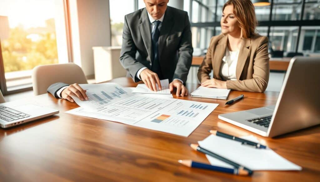 A professional setting depicting a financial advisor and a client engaged in a discussion about calculating compensation claims. In the foreground, the advisor, dressed in a tailored suit, is pointing at a document laid out on a polished wooden table, showing complex calculations and graphs. The client, in smart casual attire, appears thoughtful, leaning forward to understand better. The middle ground features a laptop, notepads, and pens scattered around, symbolizing detailed analysis. The background shows a modern office environment with large windows allowing natural light to pour in, illuminating the space and enhancing a sense of transparency and professionalism. The mood should convey seriousness and focus, with a warm, inviting atmosphere.