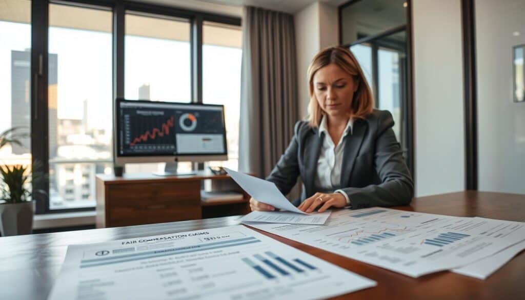 A professional setting in a bright office environment, where a serious but calm female insurance adjuster, dressed in business attire, is reviewing documents on a sleek wooden desk. In the foreground, detailed visuals of paperwork depicting collision damage evaluations and compensation calculations. The middle ground includes a computer with graphs and charts comparing fair compensation vs. undervalued claims. The background captures a large window with natural light streaming in, reflecting a cityscape that symbolizes hope and opportunity for claimants. The mood is focused and intense, highlighting the importance of proper assessment in insurance claims. Soft ambient lighting creates a welcoming atmosphere, emphasizing the importance of transparency in the process. No text or additional visual distractions are present.