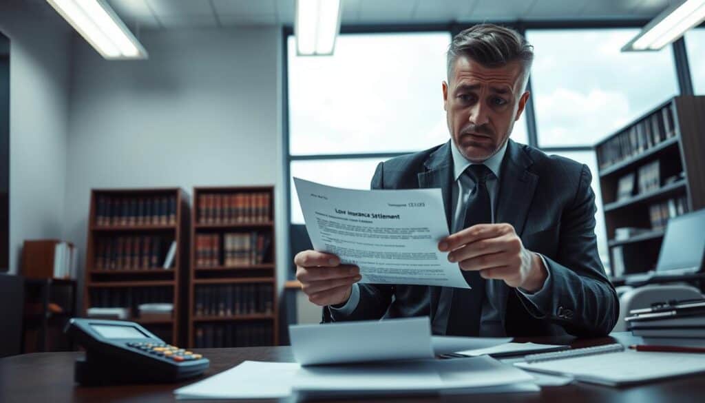 A somber office environment, illuminated by soft fluorescent lights, showcasing a professional business setting. In the foreground, a concerned middle-aged man in a tailored suit sits at a desk with a calculator and legal documents strewn about, his expression displaying worry and contemplation. He is looking at a low insurance settlement letter, emphasizing his dissatisfaction. In the middle ground, shelves filled with reference books on insurance and law are orderly arranged. In the background, a large window reveals a cloudy day, enhancing the mood of uncertainty and frustration. The scene captures the emotional weight and impact of receiving a reduced compensation, invoking a sense of seriousness and urgency in navigating insurance claims. The angle is slightly above eye level, focusing on the man's expression and the documents he is reviewing. A somber office environment, illuminated by soft fluorescent lights, showcasing a professional business setting. In the foreground, a concerned middle-aged man in a tailored suit sits at a desk with a calculator and legal documents strewn about, his expression displaying worry and contemplation. He is looking at a low insurance settlement letter, emphasizing his dissatisfaction. In the middle ground, shelves filled with reference books on insurance and law are orderly arranged. In the background, a large window reveals a cloudy day, enhancing the mood of uncertainty and frustration. The scene captures the emotional weight and impact of receiving a reduced compensation, invoking a sense of seriousness and urgency in navigating insurance claims. The angle is slightly above eye level, focusing on the man's expression and the documents he is reviewing.