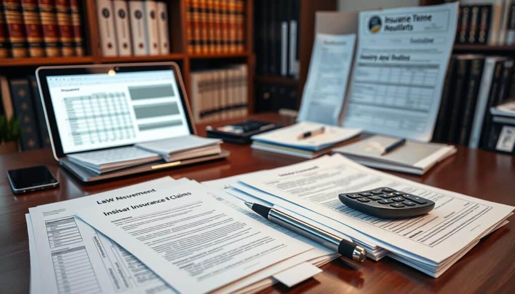 A well-organized office desk scene showcasing essential documents for insurance claims. In the foreground, neatly stacked papers featuring various forms such as claims applications, receipts, and policy documents are displayed. A modern pen and a calculator rest beside them, indicating preparation for filing. The middle ground includes an open laptop, softly glowing with spreadsheets related to the insurance process. In the background, a bookshelf filled with law books and insurance pamphlets creates a professional atmosphere. The lighting is warm and inviting, giving a sense of diligence and hopefulness. The camera angle is slightly above the desk level, capturing the organized chaos of document preparation in a serene and focused environment. A well-organized office desk scene showcasing essential documents for insurance claims. In the foreground, neatly stacked papers featuring various forms such as claims applications, receipts, and policy documents are displayed. A modern pen and a calculator rest beside them, indicating preparation for filing. The middle ground includes an open laptop, softly glowing with spreadsheets related to the insurance process. In the background, a bookshelf filled with law books and insurance pamphlets creates a professional atmosphere. The lighting is warm and inviting, giving a sense of diligence and hopefulness. The camera angle is slightly above the desk level, capturing the organized chaos of document preparation in a serene and focused environment.