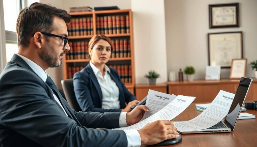 In a professional office setting, depict a scene illustrating legal assistance in insurance matters. In the foreground, a lawyer in business attire, showing a confident demeanor, is seated at a desk with legal documents and a laptop, attentively reviewing papers related to vehicle accident claims. The middle ground features a concerned client, dressed in smart-casual clothing, looking engaged while discussing their case. In the background, shelves filled with law books and a framed diploma add a sense of authenticity and professionalism to the environment. Soft, natural lighting filters through a window, creating a warm, inviting atmosphere. The overall mood conveys a sense of support, hope, and professionalism, reflecting the process of appealing an insurance company's decision. In a professional office setting, depict a scene illustrating legal assistance in insurance matters. In the foreground, a lawyer in business attire, showing a confident demeanor, is seated at a desk with legal documents and a laptop, attentively reviewing papers related to vehicle accident claims. The middle ground features a concerned client, dressed in smart-casual clothing, looking engaged while discussing their case. In the background, shelves filled with law books and a framed diploma add a sense of authenticity and professionalism to the environment. Soft, natural lighting filters through a window, creating a warm, inviting atmosphere. The overall mood conveys a sense of support, hope, and professionalism, reflecting the process of appealing an insurance company's decision.