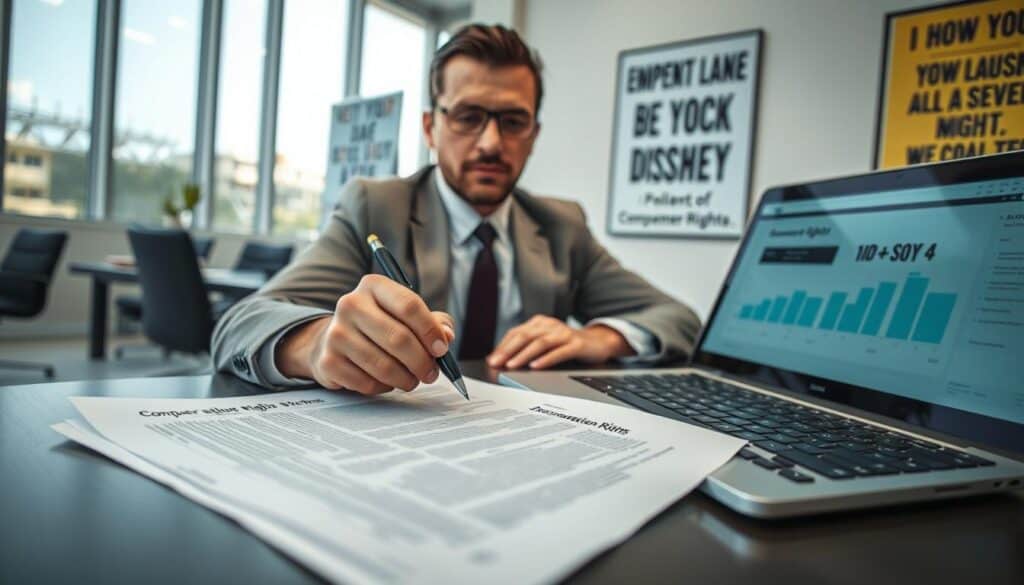 A close-up of a serious-looking professional sitting at a modern desk, reviewing insurance documents related to a compensation claim. The foreground features a pair of hands holding a pen over a detailed policy outline, emphasizing diligence and careful scrutiny. In the middle ground, a laptop displaying spreadsheets and graphs indicates meticulous research on compensation rights. The background shows a sleek office environment with motivational posters about consumer rights on the walls, enhancing the theme of empowerment. Natural light floods the room through large windows, creating a hopeful atmosphere. The overall mood is focused and determined, capturing the essence of advocating for fair treatment as a victim in an insurance dispute.