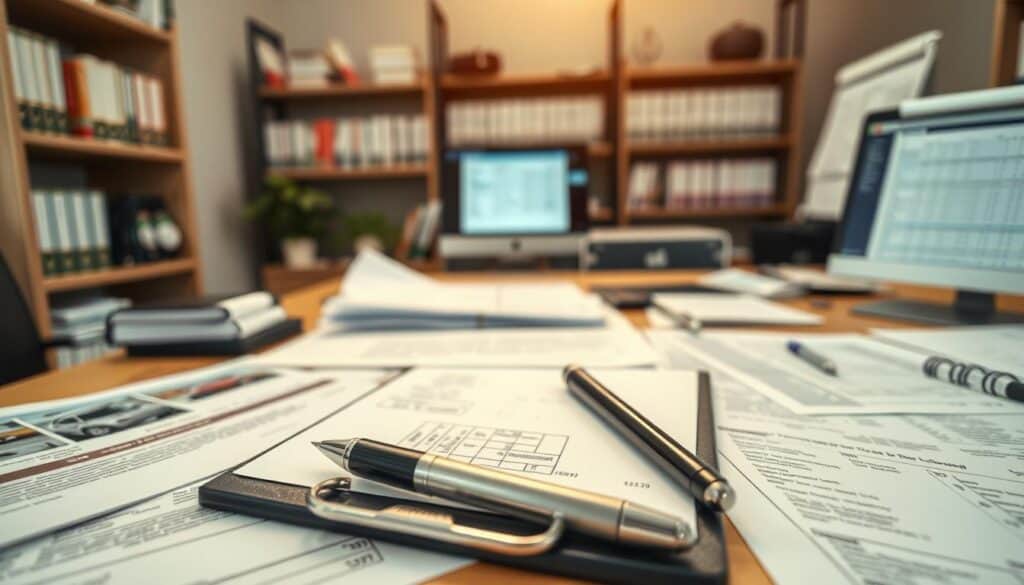 A close-up view of a desk with neatly organized papers and documents related to insurance claims, specifically focusing on "dokumentacja szkody." The foreground features a diverse set of essential paperwork, such as claim forms, photos of vehicle damage, and invoices, all arranged carefully. In the middle, a pen lies beside a clipboard, emphasizing the meticulous nature of the documentation process. The background is softly blurred, showcasing a well-lit office environment with shelves filled with books on insurance law and a computer displaying spreadsheets. The scene is illuminated by warm, natural light flowing through a window. The mood conveys professionalism and organization, highlighting the importance of thorough documentation for insurance claims. A close-up view of a desk with neatly organized papers and documents related to insurance claims, specifically focusing on "dokumentacja szkody." The foreground features a diverse set of essential paperwork, such as claim forms, photos of vehicle damage, and invoices, all arranged carefully. In the middle, a pen lies beside a clipboard, emphasizing the meticulous nature of the documentation process. The background is softly blurred, showcasing a well-lit office environment with shelves filled with books on insurance law and a computer displaying spreadsheets. The scene is illuminated by warm, natural light flowing through a window. The mood conveys professionalism and organization, highlighting the importance of thorough documentation for insurance claims.