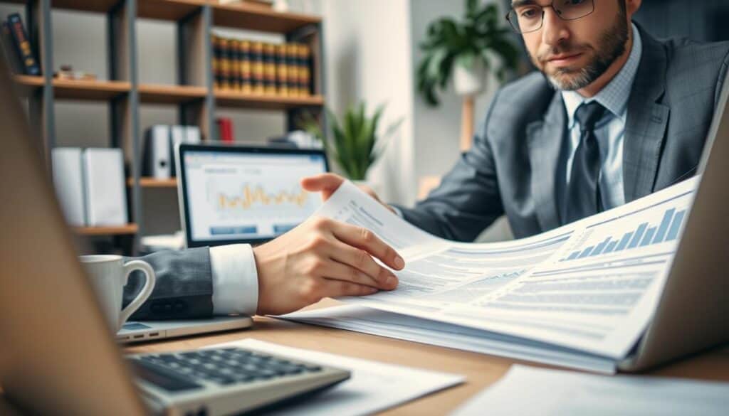 A close-up view of a professional analyzing an insurance contract. The foreground features a business professional in formal attire, seated at a desk with a focused expression, examining a detailed insurance policy document. The middle ground includes items like a calculator, a cup of coffee, and a laptop displaying graphs related to insurance claims. The background is softly blurred, showing elements of an office environment, such as shelves with legal books and a potted plant for a touch of greenery. Soft, natural daylight filters through a window, creating a calm and professional atmosphere. The angle is slightly elevated to capture both the subject and the documents clearly, emphasizing the analytical process involved in understanding insurance agreements. A close-up view of a professional analyzing an insurance contract. The foreground features a business professional in formal attire, seated at a desk with a focused expression, examining a detailed insurance policy document. The middle ground includes items like a calculator, a cup of coffee, and a laptop displaying graphs related to insurance claims. The background is softly blurred, showing elements of an office environment, such as shelves with legal books and a potted plant for a touch of greenery. Soft, natural daylight filters through a window, creating a calm and professional atmosphere. The angle is slightly elevated to capture both the subject and the documents clearly, emphasizing the analytical process involved in understanding insurance agreements.