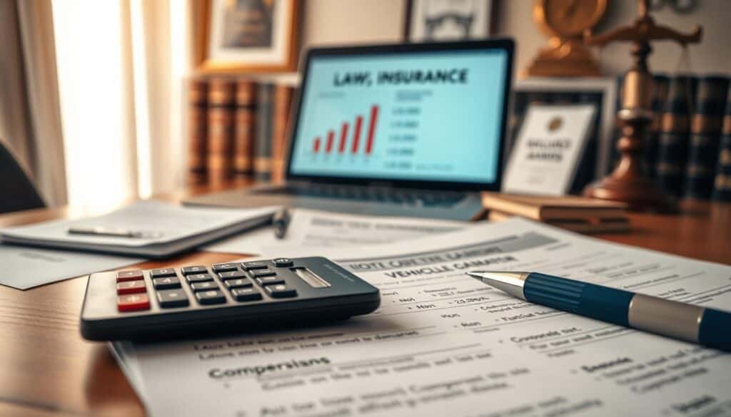 A close-up view of a professional setting showcasing a lawyer's desk filled with documents and legal papers related to vehicle damages. In the foreground, a pen and a calculator lie next to a detailed insurance form, with a visual emphasis on numbers representing compensation amounts. The middle ground shows a laptop screen displaying a graphic comparison of actual damage costs versus insurance payouts. In the background, soft lighting illuminates law books and a framed award on the wall, creating a sense of credibility and professionalism. The atmosphere is serious yet hopeful, with a warm color palette that encourages a feeling of resolution and support in the aftermath of a collision. A close-up view of a professional setting showcasing a lawyer's desk filled with documents and legal papers related to vehicle damages. In the foreground, a pen and a calculator lie next to a detailed insurance form, with a visual emphasis on numbers representing compensation amounts. The middle ground shows a laptop screen displaying a graphic comparison of actual damage costs versus insurance payouts. In the background, soft lighting illuminates law books and a framed award on the wall, creating a sense of credibility and professionalism. The atmosphere is serious yet hopeful, with a warm color palette that encourages a feeling of resolution and support in the aftermath of a collision.