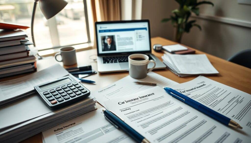 A cluttered yet organized desk in a soft-lit office environment focused on essential insurance documents. In the foreground, neatly stacked papers, including a car insurance policy and claim forms, along with a blue pen and a calculator. The middle ground features a laptop open to a digital claims portal, surrounded by a cup of coffee and a notepad with handwritten notes. The background showcases a window with natural light spilling in, illuminating the space and casting gentle shadows, contributing to a professional atmosphere. The mood is focused and serious, emphasizing preparation and the importance of documentation in insurance claims. The angle is slightly elevated, providing a comprehensive view of the desk while avoiding any human subjects. A cluttered yet organized desk in a soft-lit office environment focused on essential insurance documents. In the foreground, neatly stacked papers, including a car insurance policy and claim forms, along with a blue pen and a calculator. The middle ground features a laptop open to a digital claims portal, surrounded by a cup of coffee and a notepad with handwritten notes. The background showcases a window with natural light spilling in, illuminating the space and casting gentle shadows, contributing to a professional atmosphere. The mood is focused and serious, emphasizing preparation and the importance of documentation in insurance claims. The angle is slightly elevated, providing a comprehensive view of the desk while avoiding any human subjects.
