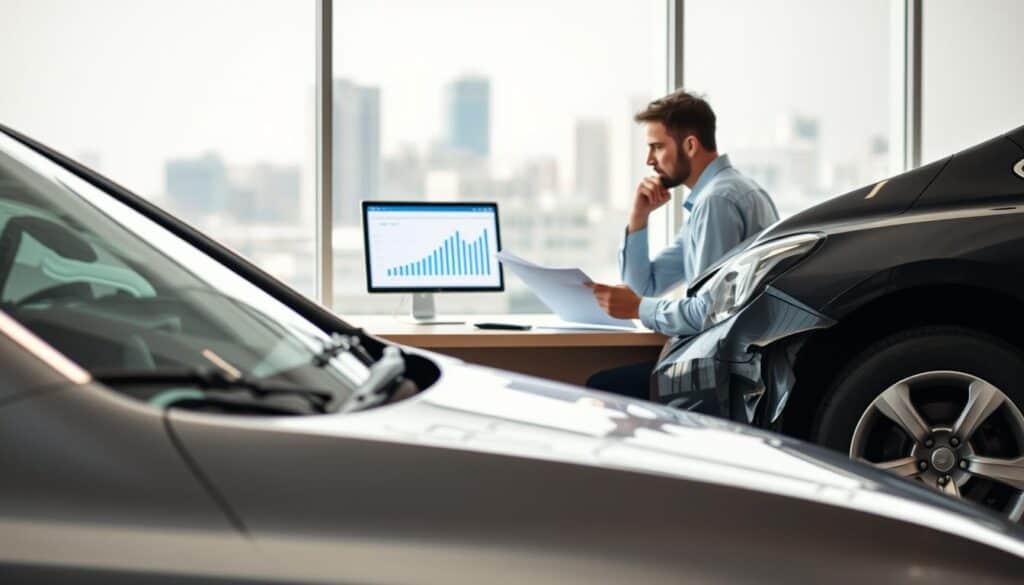 A comprehensive scene depicting the contrast between actual damages and compensation in an accident scenario. In the foreground, a damaged car is shown with visible dents and scratch marks, creating a sense of loss. In the middle ground, a thoughtful insurance agent is seated at a desk, reviewing documents with a computer screen displaying graphs and figures related to compensation calculations. The background features a soft-focus cityscape, symbolizing the broader implications of insurance claims. The lighting is bright and professional, emphasizing clarity and transparency. The mood is serious yet hopeful, reflecting the importance of understanding actual damages versus compensation in a car collision context. The composition is framed to draw the viewer's focus on the damaged vehicle and the agent, suggesting a moment of reflection and decision-making.