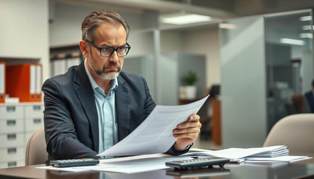 A conceptual scene illustrating a "low compensation" theme in the context of insurance. In the foreground, a frustrated middle-aged professional man in a business suit examines a document with a shocked expression, symbolizing the realization of an inadequate compensation offer. In the middle ground, a table is cluttered with papers and a calculator, with a small model car representing an accident. In the background, soft-focus images of insurance office elements, such as filing cabinets and a busy office atmosphere, create a sense of urgency and concern. The lighting is diffused and professional, conveying a serious mood. The angle is slightly angled to emphasize the man's reaction, capturing the emotional weight of the situation.