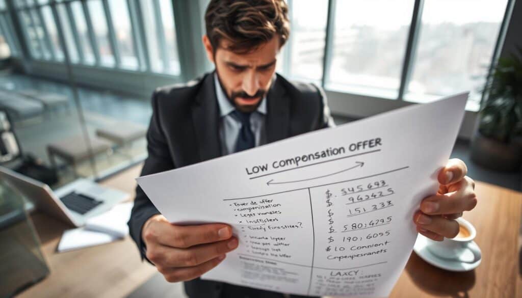 A concerned individual in professional attire, standing in an office setting, reviewing a document that shows a low compensation offer. Their expression reflects confusion and frustration as they analyze the numbers. In the foreground, a close-up of the document highlighting the insufficient offer is visible, with annotations and calculations scribbled in pen. The middle-ground reveals a sleek desk cluttered with paperwork, a laptop, and a cup of coffee. In the background, a modern office is visible, featuring large windows with natural light streaming in, generating a sense of urgency and concern. The overall atmosphere conveys tension and the critical need for action regarding the underwhelming compensation offer. The lighting is bright, emphasizing the seriousness of the situation, captured from an eye-level angle.