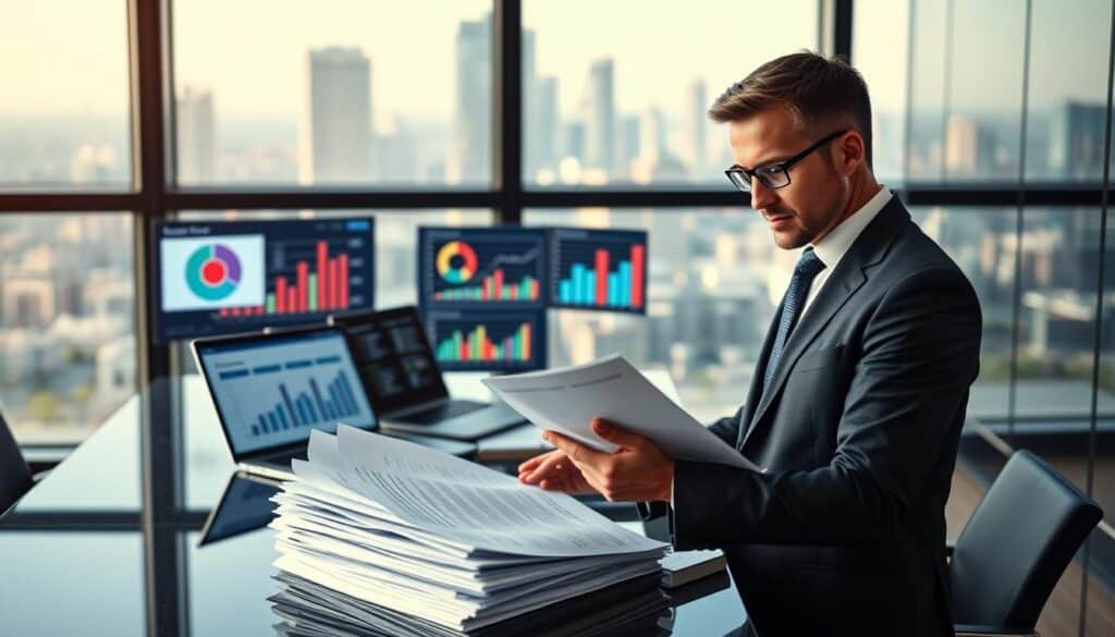 A confident business professional in a suit, analyzing a large stack of paperwork and digital screens displaying fluctuating market value graphs in a modern office environment. The foreground features the professional, focused on the documents with a notepad in hand. In the middle, a sleek desk holds a laptop showing vivid pie charts and bar graphs representing market valuation and compensation figures, with a vibrant city skyline visible through a window in the background. Soft, natural light filters into the room, creating an atmosphere of seriousness and urgency. The reflective surfaces of the office add depth and modernity, emphasizing the importance of understanding market value’s impact on compensation claims. A confident business professional in a suit, analyzing a large stack of paperwork and digital screens displaying fluctuating market value graphs in a modern office environment. The foreground features the professional, focused on the documents with a notepad in hand. In the middle, a sleek desk holds a laptop showing vivid pie charts and bar graphs representing market valuation and compensation figures, with a vibrant city skyline visible through a window in the background. Soft, natural light filters into the room, creating an atmosphere of seriousness and urgency. The reflective surfaces of the office add depth and modernity, emphasizing the importance of understanding market value’s impact on compensation claims.