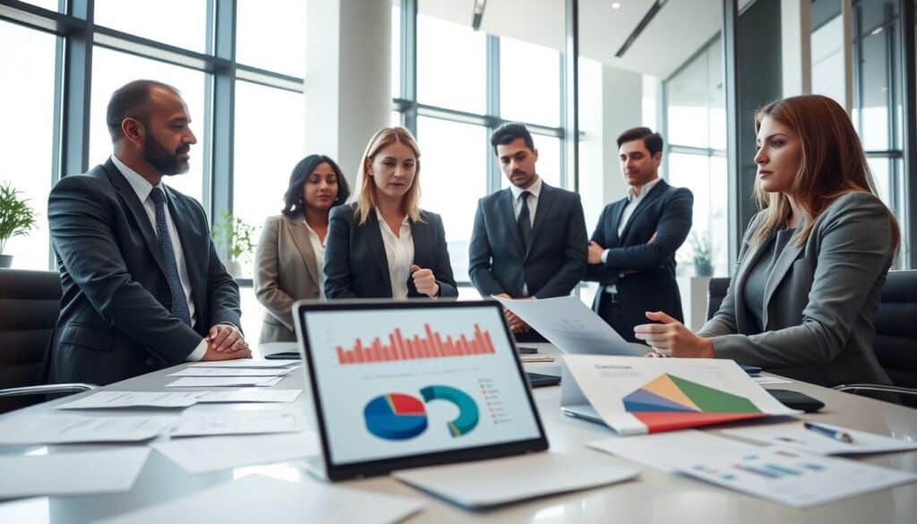 A contemplative business meeting scene set in a sleek, modern office. In the foreground, a diverse group of professionals in formal business attire are engaged in a discussion. One person, a woman, is reviewing documents with visible graphs and charts that depict financial loss due to reduced compensation. In the middle ground, a table with scattered papers and a laptop displaying a pie chart illustrating the consequences of low payouts. The background features large windows with natural light streaming in, creating a bright and open atmosphere. The mood is serious and focused, emphasizing the weight of financial decisions. The camera angle is slightly elevated, capturing both the expressions of concern on the professionals' faces and the details of the documents. A contemplative business meeting scene set in a sleek, modern office. In the foreground, a diverse group of professionals in formal business attire are engaged in a discussion. One person, a woman, is reviewing documents with visible graphs and charts that depict financial loss due to reduced compensation. In the middle ground, a table with scattered papers and a laptop displaying a pie chart illustrating the consequences of low payouts. The background features large windows with natural light streaming in, creating a bright and open atmosphere. The mood is serious and focused, emphasizing the weight of financial decisions. The camera angle is slightly elevated, capturing both the expressions of concern on the professionals' faces and the details of the documents.