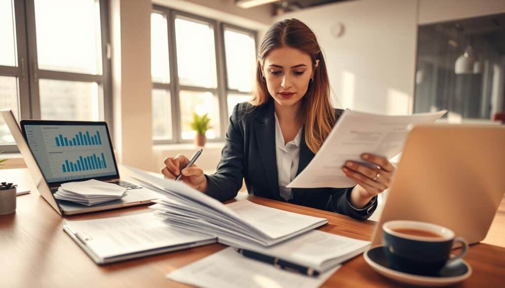 A detailed analysis of a compensation claim in a modern office setting. In the foreground, a professional woman dressed in smart business attire is intensely reviewing a stack of documents related to insurance claims. She is holding a pen and making notes on a notepad, her expression focused and determined. The middle ground features a sleek wooden desk cluttered with papers, a laptop displaying charts, and a cup of coffee. In the background, large windows let in soft natural light, illuminating the workspace and creating an atmosphere of diligence and professionalism. The color palette is warm and inviting, evoking a sense of clarity and purpose. The angle is slightly elevated, capturing both the desk's details and the subject's concentrated demeanor. A detailed analysis of a compensation claim in a modern office setting. In the foreground, a professional woman dressed in smart business attire is intensely reviewing a stack of documents related to insurance claims. She is holding a pen and making notes on a notepad, her expression focused and determined. The middle ground features a sleek wooden desk cluttered with papers, a laptop displaying charts, and a cup of coffee. In the background, large windows let in soft natural light, illuminating the workspace and creating an atmosphere of diligence and professionalism. The color palette is warm and inviting, evoking a sense of clarity and purpose. The angle is slightly elevated, capturing both the desk's details and the subject's concentrated demeanor.