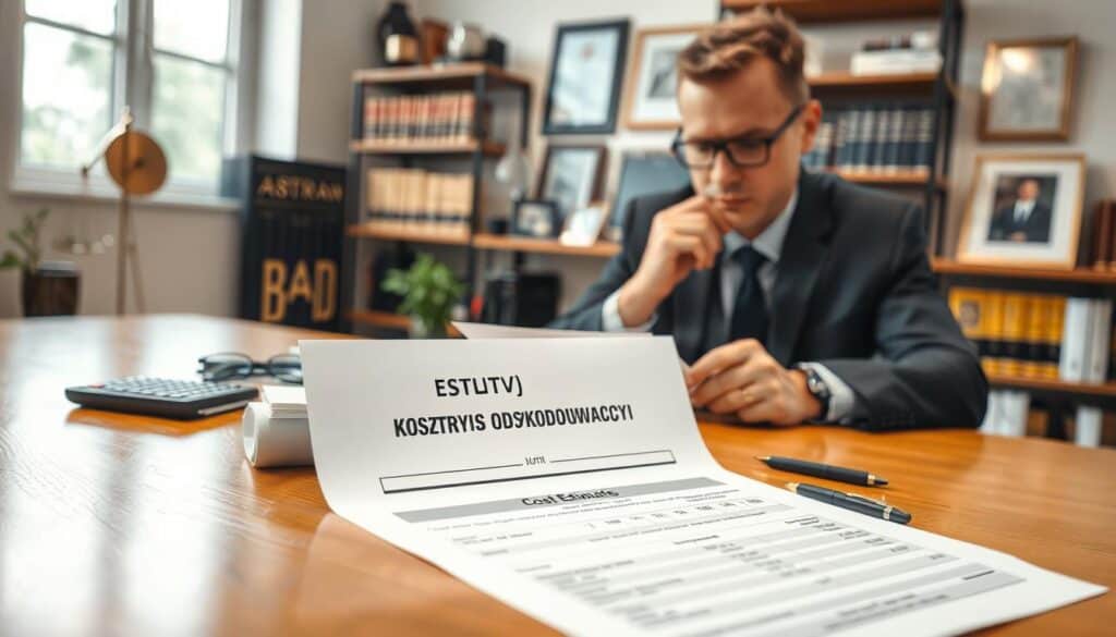 A detailed and organized image illustrating a cost estimate for insurance compensation, with a focus on clarity and professionalism. In the foreground, a neatly arranged document titled "Kosztorys Odszkodowawczy" lies on a polished wooden table, accompanied by a calculator, a pen, and a pair of reading glasses. The middle ground features a professional, mid-age Caucasian male in business attire, thoughtfully analyzing the document, looking engaged and confident. In the background, a softly blurred office setting showcases bookshelves filled with legal and financial textbooks, framed awards, and a window allowing natural light to flood in, creating a warm and inviting atmosphere. The lighting is bright yet soft, enhancing the seriousness of the subject, while maintaining a professional and approachable feel.
