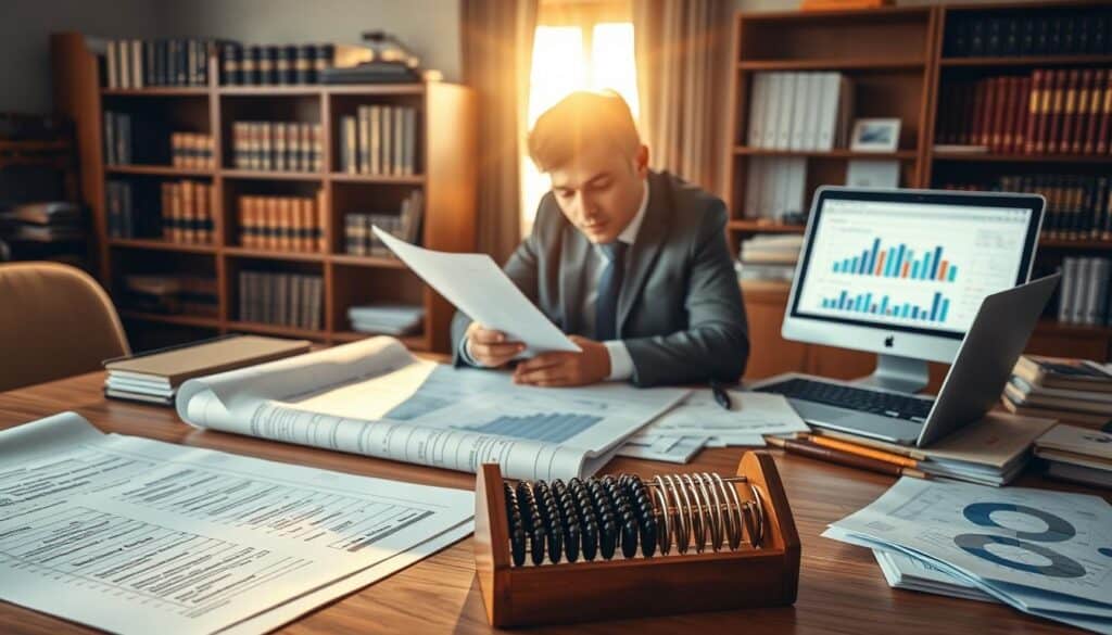 A detailed and professional kostorys (cost estimate) document displayed prominently on a wooden desk, illuminated by warm, natural light streaming through a nearby window. In the foreground, a pair of well-organized blueprints and an abacus hint at meticulous planning. In the middle, a focused person in smart business attire examines the cost estimate, surrounded by charts and financial reports scattered across the desk. In the background, a bookshelf filled with related legal texts and an open laptop displaying financial graphs contribute to the sense of a serious analysis environment. The mood is one of professionalism and diligence, highlighting the importance of accurate assessments in insurance claims. A detailed and professional kostorys (cost estimate) document displayed prominently on a wooden desk, illuminated by warm, natural light streaming through a nearby window. In the foreground, a pair of well-organized blueprints and an abacus hint at meticulous planning. In the middle, a focused person in smart business attire examines the cost estimate, surrounded by charts and financial reports scattered across the desk. In the background, a bookshelf filled with related legal texts and an open laptop displaying financial graphs contribute to the sense of a serious analysis environment. The mood is one of professionalism and diligence, highlighting the importance of accurate assessments in insurance claims.