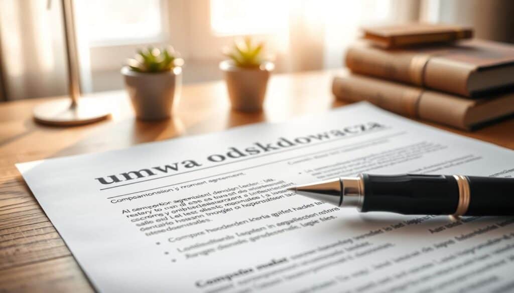 A detailed close-up of a legal compensation agreement document titled "umowa odszkodowawcza," prominently displayed on a wooden desk. The document features clear, designated sections outlining terms and conditions, with a fountain pen resting beside it, suggesting a moment of contemplation. In the background, soft light streams through a window, illuminating legal books and a small potted plant, enhancing a professional yet warm atmosphere. The lens captures the scene with a slight depth of field, focusing on the document, while the surrounding elements blur softly. The mood is serious and contemplative, reflecting the importance of understanding compensation rights within legal frameworks.