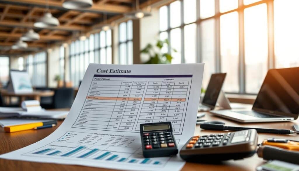 A detailed cost estimate document displayed prominently on a wooden desk, with various construction tools and office supplies surrounding it. The cost estimate sheet features neatly organized tables, calculations, and graphs, suggesting thorough evaluation and professional precision. In the background, a soft-focus view of a well-lit, modern office with large windows showcasing a cityscape, conveying a sense of professionalism and efficiency. The lighting is warm and inviting, enhancing the clarity of the documents in the foreground. A vintage calculator and a modern laptop are partially visible, emphasizing the blend of traditional and modern assessment methods. The atmosphere is focused and diligent, reflecting the importance of accurate calculations in compensation evaluations. A detailed cost estimate document displayed prominently on a wooden desk, with various construction tools and office supplies surrounding it. The cost estimate sheet features neatly organized tables, calculations, and graphs, suggesting thorough evaluation and professional precision. In the background, a soft-focus view of a well-lit, modern office with large windows showcasing a cityscape, conveying a sense of professionalism and efficiency. The lighting is warm and inviting, enhancing the clarity of the documents in the foreground. A vintage calculator and a modern laptop are partially visible, emphasizing the blend of traditional and modern assessment methods. The atmosphere is focused and diligent, reflecting the importance of accurate calculations in compensation evaluations.