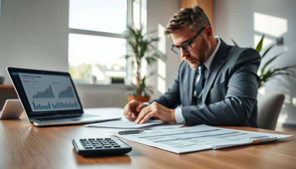 A detailed depiction of a professional setting, illustrating the concept of insurance compensation assessment. In the foreground, a sleek wooden desk with a few insurance documents scattered about, accompanied by a calculator and a laptop showing graphs and statistics. In the middle, a focused professional in business attire—perhaps a man in a suit—analyzing the documents, with a thoughtful expression. The background features a well-lit modern office with a large window letting in natural light, casting gentle shadows across the room. A potted plant subtly enhances the atmosphere, giving a sense of calm and professionalism. The overall mood is serious and analytical, conveying the importance of accurately assessing compensation amounts in insurance claims. Soft, diffused lighting to add warmth and accessibility to the professional scene.