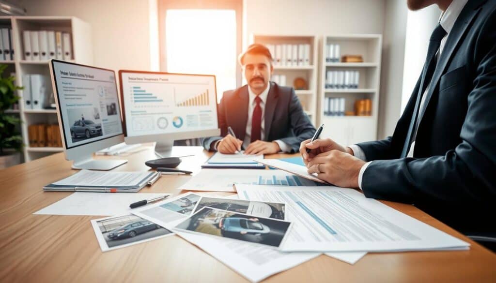 A detailed insurance damage documentation scene set in a bright, well-lit office environment. In the foreground, a clean wooden desk with various documents spread out, including an insurance claim form, photographs of vehicle damage, and an accident report. A professional in business attire, such as a suit and tie, is reviewing these documents with a focused expression, holding a pen and notepad. In the middle ground, a computer displaying relevant data and charts on the insurance claim process can be seen. The background features a bookshelf filled with legal reference books and a large window letting in natural light, creating a positive, determined atmosphere. The overall mood conveys professionalism, clarity, and the importance of thoroughness in the claims process. A detailed insurance damage documentation scene set in a bright, well-lit office environment. In the foreground, a clean wooden desk with various documents spread out, including an insurance claim form, photographs of vehicle damage, and an accident report. A professional in business attire, such as a suit and tie, is reviewing these documents with a focused expression, holding a pen and notepad. In the middle ground, a computer displaying relevant data and charts on the insurance claim process can be seen. The background features a bookshelf filled with legal reference books and a large window letting in natural light, creating a positive, determined atmosphere. The overall mood conveys professionalism, clarity, and the importance of thoroughness in the claims process.