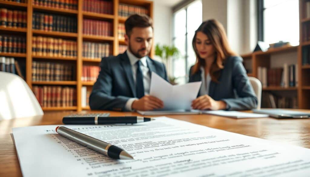 A detailed insurance policy document spread open on a wooden desk, surrounded by a stylish pen and a calculator. The foreground features a close-up of the policy text, clearly displaying various clauses and terms. In the middle ground, a pair of professional business people, a man and a woman, are reviewing the document together. They are dressed in formal attire, with focused expressions on their faces, indicating a serious discussion. In the background, a softly lit office setting is visible, with bookshelves lined with legal references, adding an academic feel to the scene. Natural light filters through a window, creating a warm and inviting atmosphere that underscores the importance of understanding insurance terms. A detailed insurance policy document spread open on a wooden desk, surrounded by a stylish pen and a calculator. The foreground features a close-up of the policy text, clearly displaying various clauses and terms. In the middle ground, a pair of professional business people, a man and a woman, are reviewing the document together. They are dressed in formal attire, with focused expressions on their faces, indicating a serious discussion. In the background, a softly lit office setting is visible, with bookshelves lined with legal references, adding an academic feel to the scene. Natural light filters through a window, creating a warm and inviting atmosphere that underscores the importance of understanding insurance terms.
