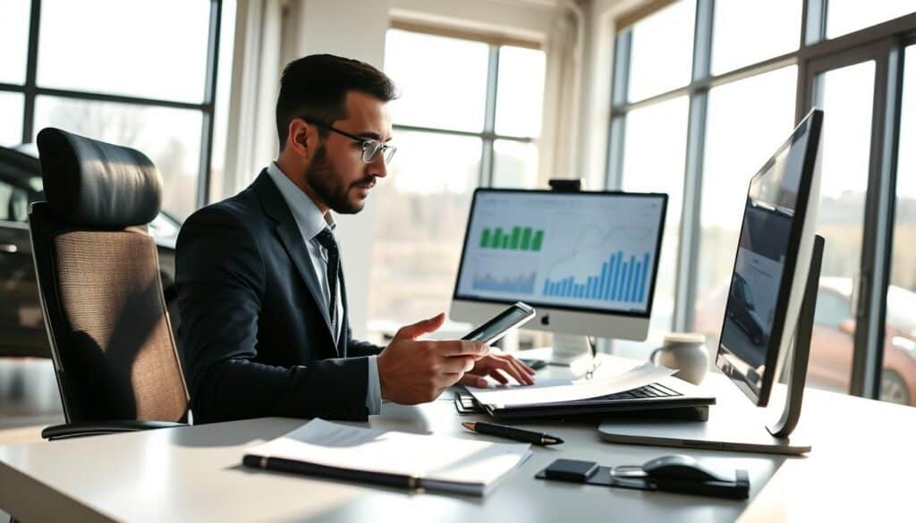 A detailed scene depicting a professional insurance adjuster in a modern office environment, calculating the real value of vehicle damage. In the foreground, the adjuster sits at a sleek desk, analyzing paperwork and using a calculator, dressed in smart business attire. The middle ground features a computer screen displaying graphs and financial data related to claims calculations. In the background, large windows allow natural light to flood the room, casting soft shadows and creating a bright, focused atmosphere. The overall mood is serious and professional, showcasing an analytical approach to determining compensation values in the context of auto insurance claims. The composition should highlight the importance of accurate assessment in insurance processes. A detailed scene depicting a professional insurance adjuster in a modern office environment, calculating the real value of vehicle damage. In the foreground, the adjuster sits at a sleek desk, analyzing paperwork and using a calculator, dressed in smart business attire. The middle ground features a computer screen displaying graphs and financial data related to claims calculations. In the background, large windows allow natural light to flood the room, casting soft shadows and creating a bright, focused atmosphere. The overall mood is serious and professional, showcasing an analytical approach to determining compensation values in the context of auto insurance claims. The composition should highlight the importance of accurate assessment in insurance processes.