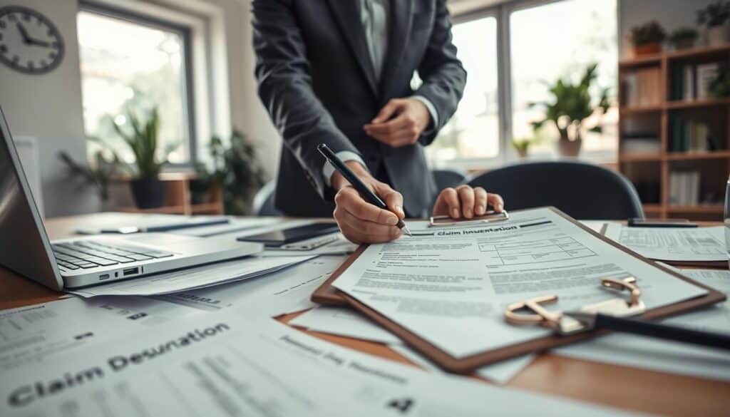 A detailed scene depicting a professional workspace focused on insurance claims documentation. In the foreground, a close-up of a well-organized desk scattered with papers, a laptop, and a clipboard with the title "Claim Documentation" visible on it. In the middle, a pair of hands—dressed in professional business attire—is meticulously filling out the claim form. In the background, a large window lets in soft, natural light, illuminating a calming office environment adorned with plants and shelves of insurance literature. The mood is focused and diligent, reflecting the preparation needed for submitting a damage claim. The angle is slightly elevated, capturing the elements of the workspace harmoniously without any distractions or noise.