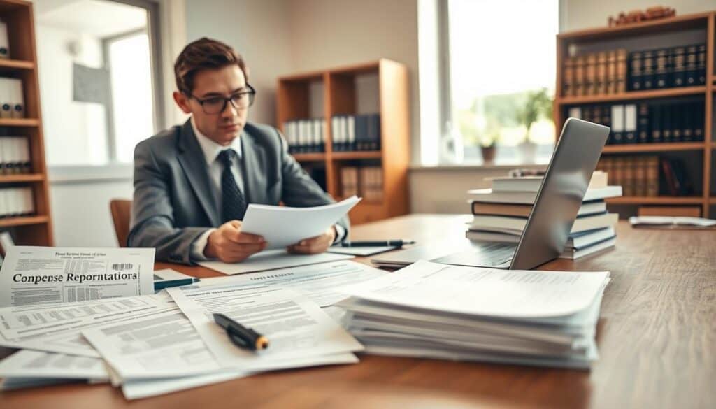 A detailed, well-organized desk scene featuring necessary documents for compensation claims after a vehicle collision. In the foreground, neatly arranged papers include accident reports, medical bills, and insurance forms, each clearly visible. A professional in modest business attire examines the documents with a focused expression. The middle ground showcases a laptop and a pen, implying ongoing work, while a supportive stack of reference books about claims and law is nearby. In the background, a softly blurred office environment features shelves with legal texts and a large window letting in natural light, creating a calm and professional atmosphere. The lighting is warm and inviting, highlighting the importance of thorough documentation. The overall mood is serious yet hopeful, emphasizing the pursuit of justice and compensation.