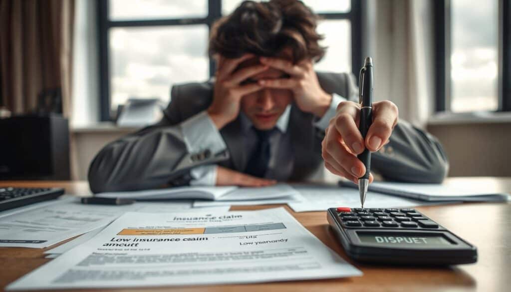 A distressed individual in a professional business attire sits at a desk cluttered with paperwork, including a highlighted insurance claim form and a calculator displaying a low payout amount. In the foreground, their hand holds a pen, poised as if about to write a dispute letter. In the middle background, a window shows a cloudy sky, reflecting the gloomy mood of the situation. Soft, natural lighting filters through the window, casting shadows on the desk, enhancing feelings of frustration and uncertainty. The atmosphere conveys tension and unresolved conflicts, symbolizing the struggle of dealing with a low compensation payout. This scene captures the essence of seeking a fair evaluation of damages in an insurance context. A distressed individual in a professional business attire sits at a desk cluttered with paperwork, including a highlighted insurance claim form and a calculator displaying a low payout amount. In the foreground, their hand holds a pen, poised as if about to write a dispute letter. In the middle background, a window shows a cloudy sky, reflecting the gloomy mood of the situation. Soft, natural lighting filters through the window, casting shadows on the desk, enhancing feelings of frustration and uncertainty. The atmosphere conveys tension and unresolved conflicts, symbolizing the struggle of dealing with a low compensation payout. This scene captures the essence of seeking a fair evaluation of damages in an insurance context.