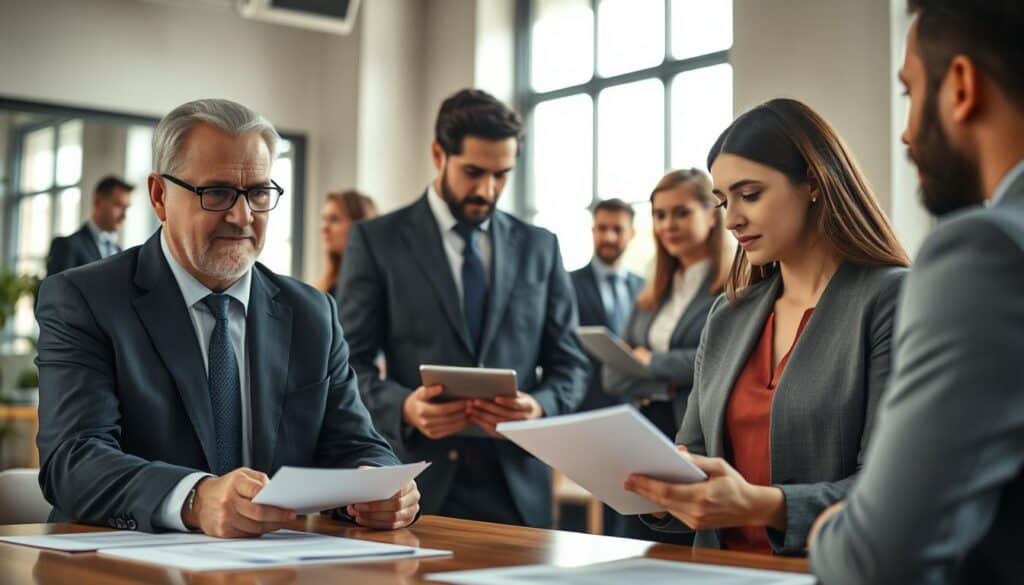 A diverse group of professionals in a modern office setting, engaged in discussions about client feedback regarding insurance claims. In the foreground, a middle-aged man in a business suit reviews documents on a table, while a young woman in smart casual attire takes notes on a laptop. In the middle ground, a few more colleagues are seen exchanging opinions, with focus on their attentive expressions. The background features a large window with natural light streaming in, casting soft shadows. The atmosphere is collaborative and focused, showcasing the importance of client opinions in the verification process. The composition conveys professionalism and trust, with a warm color palette to enhance the inviting environment. A diverse group of professionals in a modern office setting, engaged in discussions about client feedback regarding insurance claims. In the foreground, a middle-aged man in a business suit reviews documents on a table, while a young woman in smart casual attire takes notes on a laptop. In the middle ground, a few more colleagues are seen exchanging opinions, with focus on their attentive expressions. The background features a large window with natural light streaming in, casting soft shadows. The atmosphere is collaborative and focused, showcasing the importance of client opinions in the verification process. The composition conveys professionalism and trust, with a warm color palette to enhance the inviting environment.