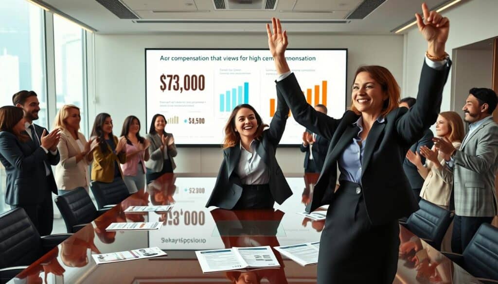 A dynamic scene depicting a diverse group of professionals in business attire celebrating a victory in a boardroom, symbolizing success in the fight for higher compensation. In the foreground, a confident woman is raising her hand in triumph, with a diverse mix of colleagues applauding her in the background. The middle ground should feature a large presentation screen displaying positive statistics and graphs related to compensation claims, while a few printed documents with successful case studies are scattered on the polished conference table. The background should consist of a modern office with a panoramic window showing a vibrant cityscape. Soft, natural lighting floods the room, creating an optimistic, motivational atmosphere, capturing the essence of persistence and achievement in the pursuit of justice. A dynamic scene depicting a diverse group of professionals in business attire celebrating a victory in a boardroom, symbolizing success in the fight for higher compensation. In the foreground, a confident woman is raising her hand in triumph, with a diverse mix of colleagues applauding her in the background. The middle ground should feature a large presentation screen displaying positive statistics and graphs related to compensation claims, while a few printed documents with successful case studies are scattered on the polished conference table. The background should consist of a modern office with a panoramic window showing a vibrant cityscape. Soft, natural lighting floods the room, creating an optimistic, motivational atmosphere, capturing the essence of persistence and achievement in the pursuit of justice.