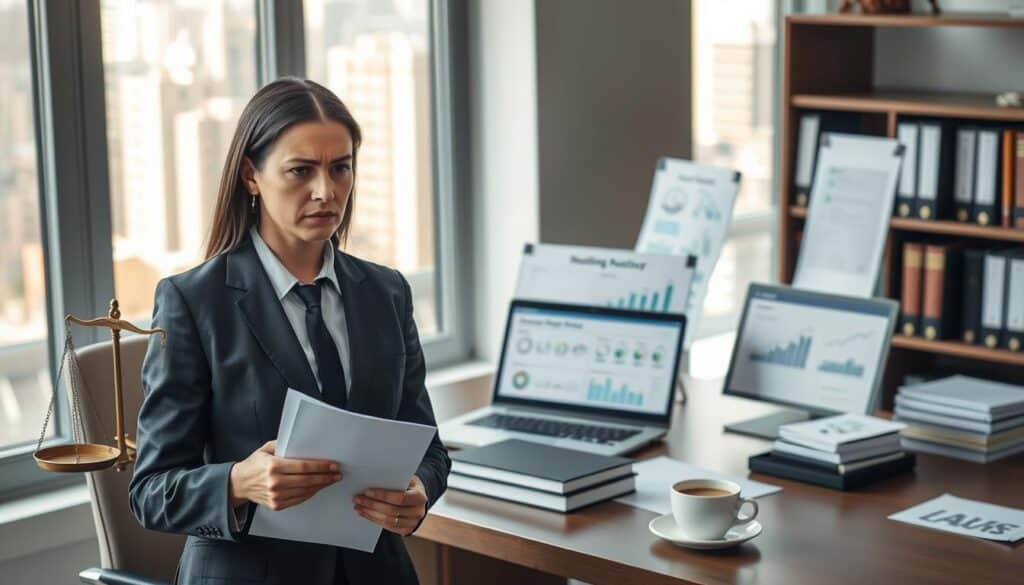 A focused and professional setting illustrating consumer protection in an insurance context. In the foreground, a concerned individual in business attire, holding a document, symbolizes a victim seeking justice. The middle layer features a well-organized office desk with legal books, a laptop displaying graphs and consumer rights information, and a cup of coffee, representing a thoughtful investigation into the issue. The background shows a window revealing a cityscape with soft afternoon light filtering through, creating a calm yet serious atmosphere. The overall image should evoke a sense of empowerment and determination, while remaining professional and approachable. A focused and professional setting illustrating consumer protection in an insurance context. In the foreground, a concerned individual in business attire, holding a document, symbolizes a victim seeking justice. The middle layer features a well-organized office desk with legal books, a laptop displaying graphs and consumer rights information, and a cup of coffee, representing a thoughtful investigation into the issue. The background shows a window revealing a cityscape with soft afternoon light filtering through, creating a calm yet serious atmosphere. The overall image should evoke a sense of empowerment and determination, while remaining professional and approachable.
