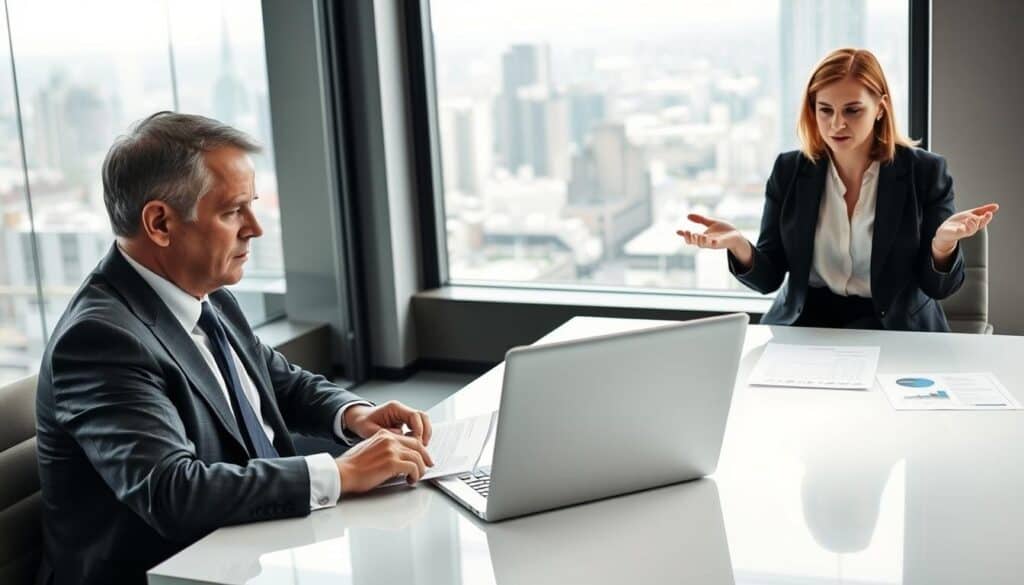 A focused negotiation scene in a well-lit, modern office setting. In the foreground, a middle-aged man in a tailored suit sits at a sleek conference table, reviewing documents with a serious expression. Across from him, a businesswoman in a smart blouse and blazer confidently presents her case, using gestures to emphasize her points. The middle ground features a laptop open with graphs and insurance forms displayed. In the background, large windows provide a view of a bustling city, adding depth and context to the environment. Soft, natural lighting enhances the professionalism of the setting, creating a calm yet tense atmosphere ideal for negotiations. The image captures the essence of negotiation tactics and professionalism in a corporate context. A focused negotiation scene in a well-lit, modern office setting. In the foreground, a middle-aged man in a tailored suit sits at a sleek conference table, reviewing documents with a serious expression. Across from him, a businesswoman in a smart blouse and blazer confidently presents her case, using gestures to emphasize her points. The middle ground features a laptop open with graphs and insurance forms displayed. In the background, large windows provide a view of a bustling city, adding depth and context to the environment. Soft, natural lighting enhances the professionalism of the setting, creating a calm yet tense atmosphere ideal for negotiations. The image captures the essence of negotiation tactics and professionalism in a corporate context.