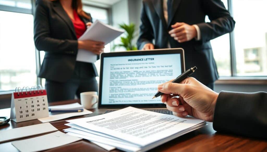 A focused office scene featuring a male and female insurance professional in business attire, examining a stack of documents and a laptop displaying a detailed decision letter. In the foreground, a pair of hands is seen holding a pen, poised to sign a formal appeal letter. The middle ground includes a desk cluttered with papers, a coffee cup, and a desktop calendar showing the current month, creating a sense of urgency. The background presents a modern office environment with a large window allowing soft natural light to illuminate the space. The mood is one of determination and professionalism, emphasizing the importance of appealing an insurance decision. Shot from a slightly elevated angle for a clear view of all elements, with a focus on clarity and detail. A focused office scene featuring a male and female insurance professional in business attire, examining a stack of documents and a laptop displaying a detailed decision letter. In the foreground, a pair of hands is seen holding a pen, poised to sign a formal appeal letter. The middle ground includes a desk cluttered with papers, a coffee cup, and a desktop calendar showing the current month, creating a sense of urgency. The background presents a modern office environment with a large window allowing soft natural light to illuminate the space. The mood is one of determination and professionalism, emphasizing the importance of appealing an insurance decision. Shot from a slightly elevated angle for a clear view of all elements, with a focus on clarity and detail.