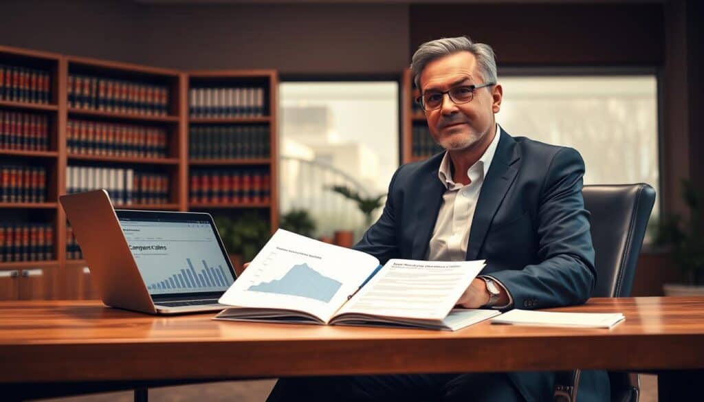A legal office scene depicting a professional lawyer in a sleek, modern office environment. In the foreground, a middle-aged lawyer, dressed in a sharp navy suit and a crisp white shirt, is seated at a wooden desk, engaged in a conversation with a client, who is wearing business casual attire. The middle of the image showcases an open folder with legal documents and a laptop displaying graphs related to compensation claims. The background features shelves filled with law books and a window letting in soft, natural light, creating a warm and welcoming atmosphere. The overall mood is serious yet supportive, emphasizing the importance of legal assistance in understanding compensation claims. Use a slightly elevated angle to capture both the individuals and the surrounding details clearly.