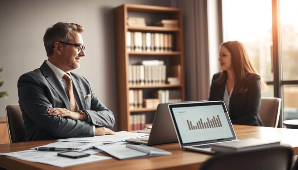 A modern office setting focused on a professional consultation scene. In the foreground, a well-dressed financial advisor, wearing a tailored suit, is engaged in discussion with a client, showcasing a sense of trust and expertise. Their expressions are thoughtful and engaged. In the middle ground, a sleek desk is cluttered with paperwork and a laptop displaying charts related to insurance claims. Soft natural light streams in from a large window, creating a warm, inviting atmosphere. In the background, a bookshelf filled with legal and insurance-related books adds depth to the scene. The overall mood is supportive and professional, emphasizing the importance of consulting with insurance experts like MOTOEXPERT. Capture this with a warm color palette and a slightly blurred background to highlight the foreground interaction.